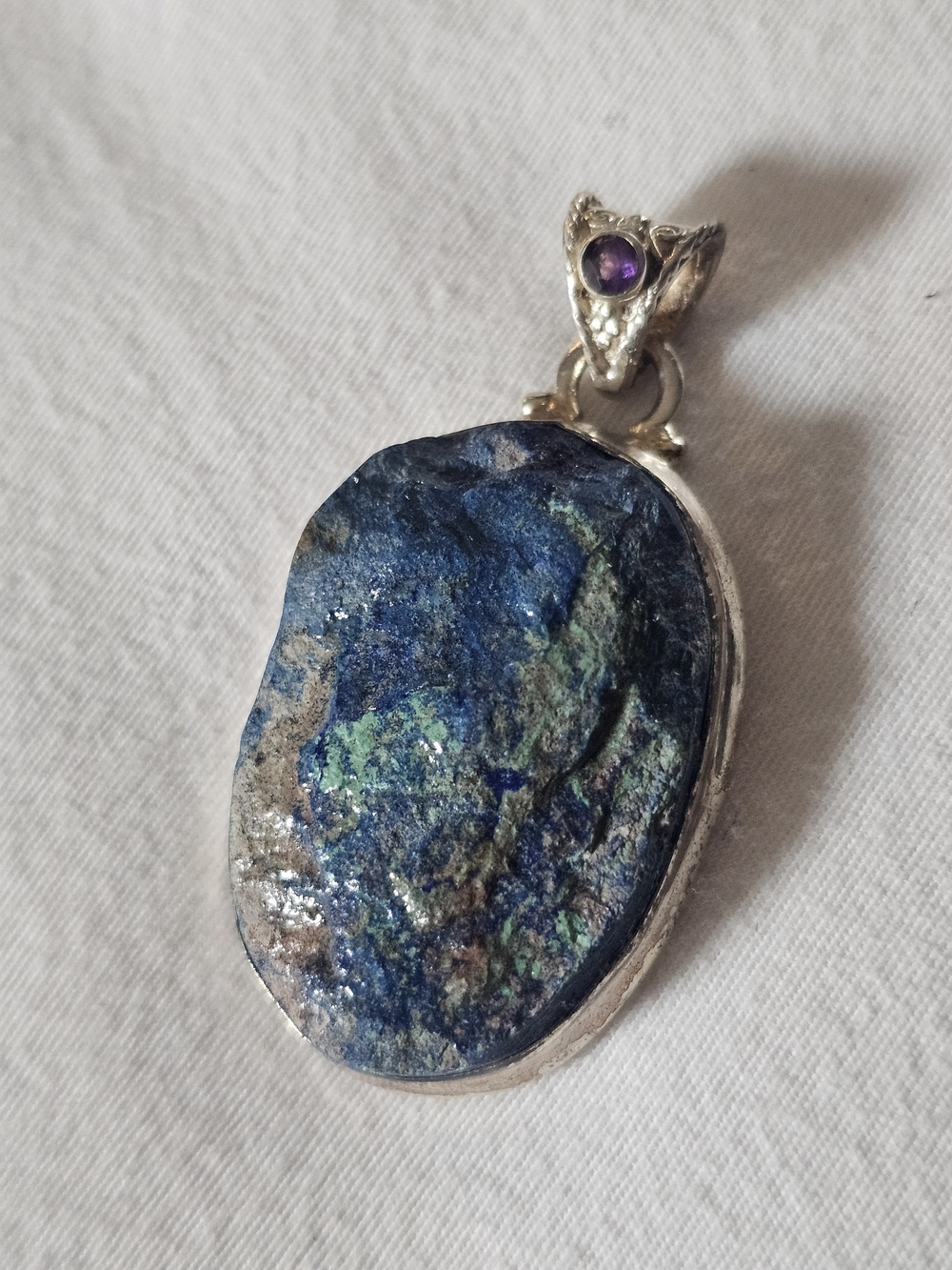 Silver Pendant Necklace with Blue-Green Azurite-Malachite Stone